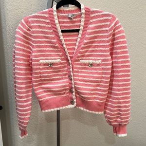 CHANEL Pink and White Striped Cardigan